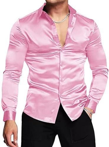 Oanviso Camicie Casual da Uomo Camicie di Raso Estive Maglietta Maniche Lunghe Festa Palla Camicia Elegante Moda Lusso Maglie Slim Fit Shirts Lucido Camicia in Raso A Rosa L