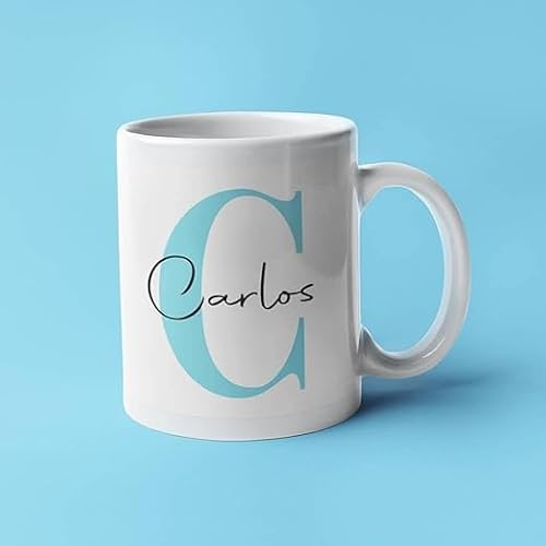 Taza Personalizada con Inicial y Nombre de cerámica regalos originales regalo personalizado (Azul)