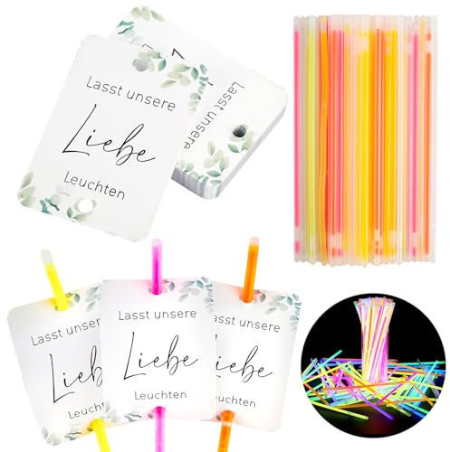 50 Stück Knicklichter Hochzeit Schilder, Knicklichtschilder Hochzeit mit Spruch Lasst Unsere Liebe Leuchten, Hochzeitsschilder mit 50 Stück LeuchtstäBe für Hochzeiten Partys