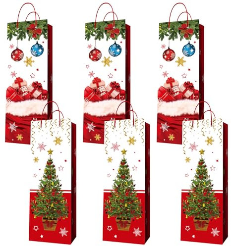 6 PCS Christmas Bottle Gift Bag Wine Gift Bag Christmas Wine Bottle Paper Bags Bulk Paper Gift Bags Reusable Cardboard Single Bottle Carry Tote with Handle for Wine Whiskey Spirits