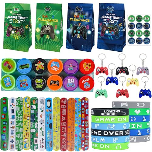 Videospiel Party Mitgebsel Kindergeburtstag Gastgeschenke - Jungen Gaming Geburtstagsdeko Schlüsselanhänger, Stempel, Silikon Armbänder, Schnapparmbänder, Gamer Partytüten Pinata Füller