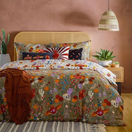 furn. La Vida Duvet Cover Set (Multicolour - King) | Reversible Dia De Los Muertos Inspired Easycare Polycotton Bedding
