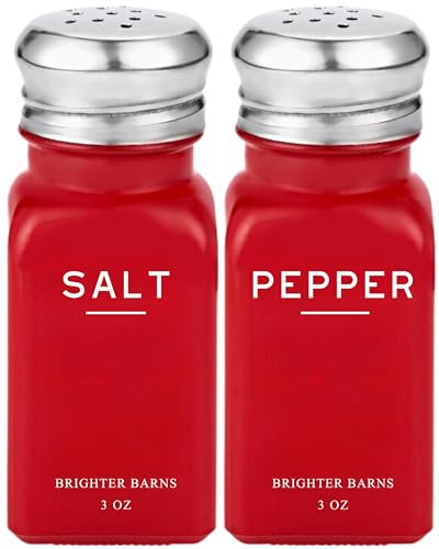 Red Salt and Pepper Shakers Set by Brighter Barns - Modern Kitchen Decor - Cute Glass Salt and Pepper Set with Stainless Steel Lid - Modern Kitchen Accessories for Home, Restaurant, Airbnb, Gift (Red)