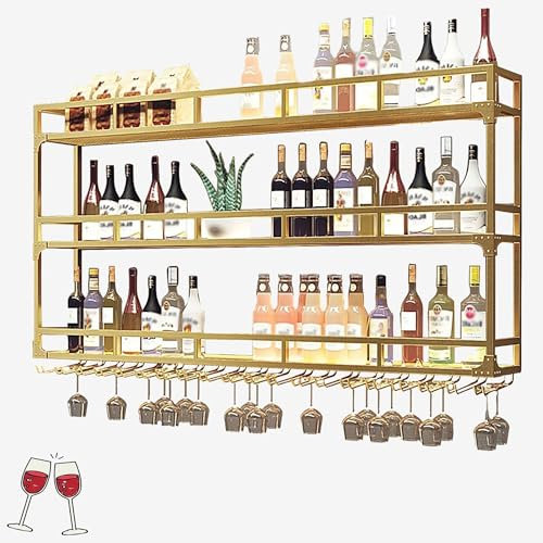 WXZXWXZX Weinregal Wand Metall Flaschenregal Schmal Wine Rack Bar Regal Wand Weinschrank Hausbar Barschrank Weinständer Getränke Regal mit Weinglashalter Vitrine Hängend für Bartheke Wohnzimmer(Gold,