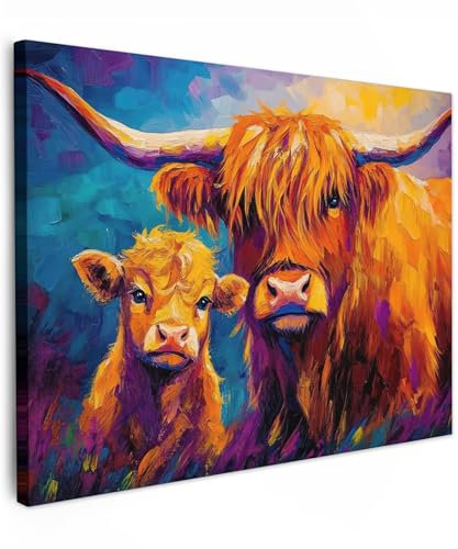 MuchoWow© Leinwand Bilder 80x60 cm Wanddeko Wohnzimmer Aesthetic Room Decor Deko Zimmer Wandbilder Modern Bild auf Leinwand Schottische Hochlandrind - Kühe - Tiere - Kunst