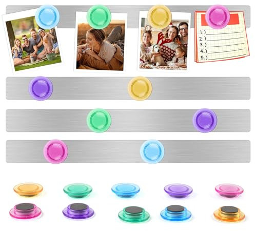 Magnetleiste, 4 Stück Magnetleiste Selbstklebend Metall mit 10 Farbige Starke Magnete, Magnettafel Selbstklebend Silbrig Rostfrei für Büro, Pinnwand, Fotowand, Dokumente und Kühlschrank