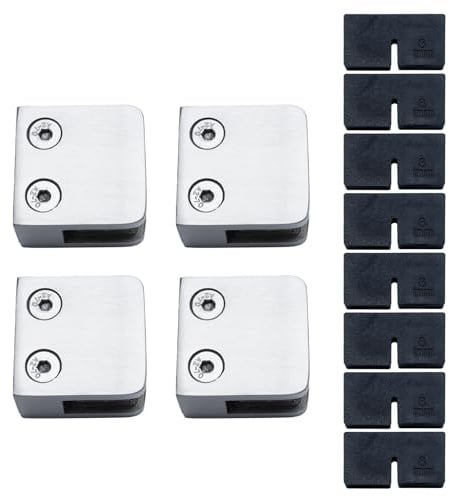 RYPRY 4 Stück Flachboden Glasklemmen 6-10mm ohne Bohren, Edelstahl 304 V2A – Für Glasgeländer, Wände & Rohre mit Gummi-Einsätzen (8mm Glasdicke)