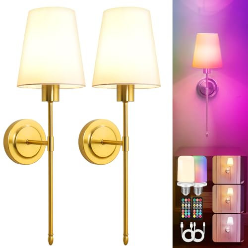 Gaethra Applique da Parete Interno Ricaricabile USB, E27 Lampade Senza Corrente, Lampada da Parete Senza Fili Dimmerabile RGB con Telecomando, per Scale, Corridoio, Soggiorno, Camera Letto, 2 Pezzi