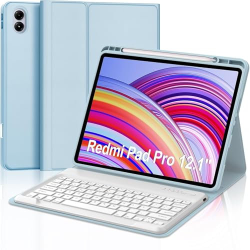 WAVATA Funda Teclado para Redmi Pad Pro 12.1 Pulgadas/Xiaomi Poco Pad 12.1''- Teclado Magnético Extraíble Inalámbrico Bluetooth, Español Ñ, Funda para Redmi Pad Pro 12.1'', Azul Cielo