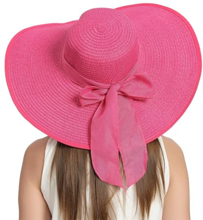 RVROVIC Women's Floppy Straw Sun Hat Foldable Summer Beach Hat Packable Roll Up Wide Brim Crochet Bucket Hat,Rose