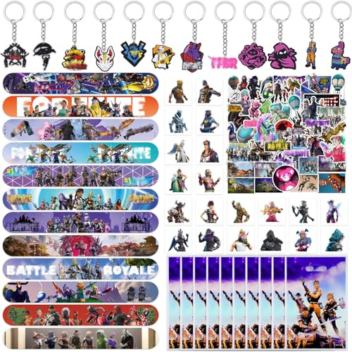 Amazluck 104 Stücke Game Mitgebsel Geburtstag für Kinder, 12 Schnapparmband Kinder 70 Aufkleber 12 Schlüsselanhänger 10 Geschenktüten Kindergeburtstag Party für Geschenke Kindergeburtstag Mitgebsel