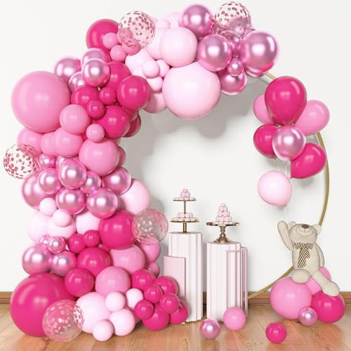 Kit Arco Palloncini Rosa, 114pcs Palloncini Macaron e Metallizzati Rosa, Kit Arco Festa Compleanno Bambina Comunione Birthday Girl Addobbi Per Prima Comunione Battesimo Bimba Baby Shower