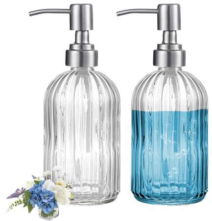 2Pcs Simple Glass Soap Dispensers with Stainless Steel Pump, Refillable Kitchen soap Dispenser with Vertical Stripe, Bathroom Soap Dispenser for Bathroom Hand soap, Dish Soap, Lotion (Grey)