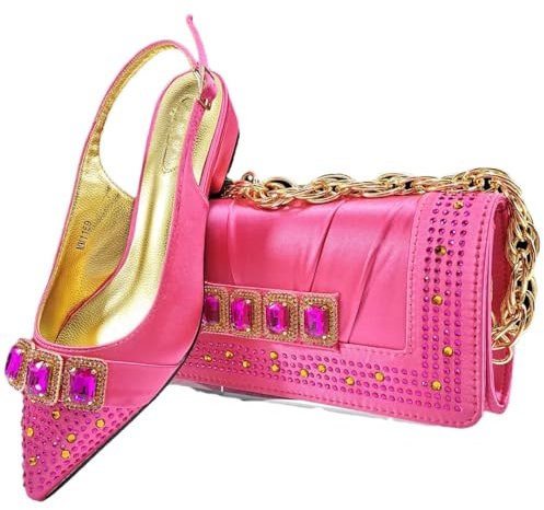 Wjnvfioo Elegante set di scarpe da festa da donna con tacco basso e tacco basso con strass, set di scarpe da festa, fucsia, 40 (US9)