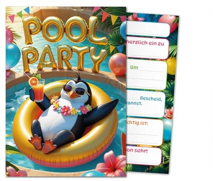 12 Einladungskarten zum Kindergeburtstag Schwimmbad Pool Party Pinguin Mädchen Jungen Kinder Einladungen Geburtstag Geburtstagseinladungen Kids