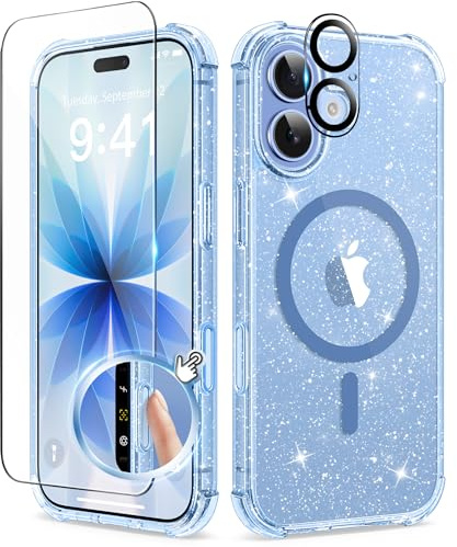BERFY for iPhone 17 Case for Women, Compatible with MagSafe | Clear Glitter Shockproof Protective Magnetic Cute Phone Case with Screen Protector, Anti-Yellowing, Magnetic Sparkle Blue