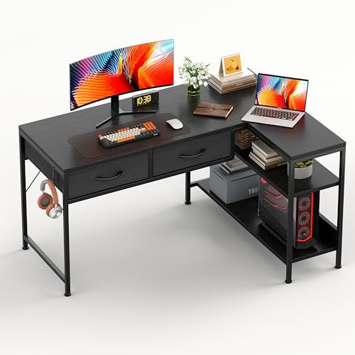 CAIYUN L Shaped Computer Desk with 2 Drawers,Office Corner Desk,Black | 100cm,2 Drawers and 2 Storage Shelves for Extra Storage, Compact Corner‑fit Design, Perfect for Home Workspace & Study use