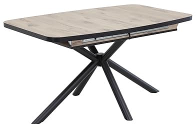 Hela Tische, Ausziehbarer Esstisch Tokio mit X-Gestell, Bootsform, 140-180 cm, Melaminbeschichtung Holzoptik Viking Oak, Schwarzes Spinnen-Metallgestell, Synchonauszug