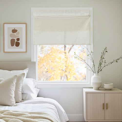 PONY DANCE Magnetisch Leinen Raffrollo ohne Bohren H140 x B80 cm | 1 Stück, Elfenbeinweiß, mit Klettband, Halbtransparent, Roman Blinds, Einfache Installation, für Fenster, Landhausstil