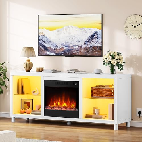 YITAHOME 148cm TV Schrank mit Elektrokamin, Elektrischer Kamin mit Heizung, LED 3D-Flammeneffekt, Lowboard Sideboard mit Elektrokamin 1800W Leistung, Timer, Thermostat, Fernbedienung