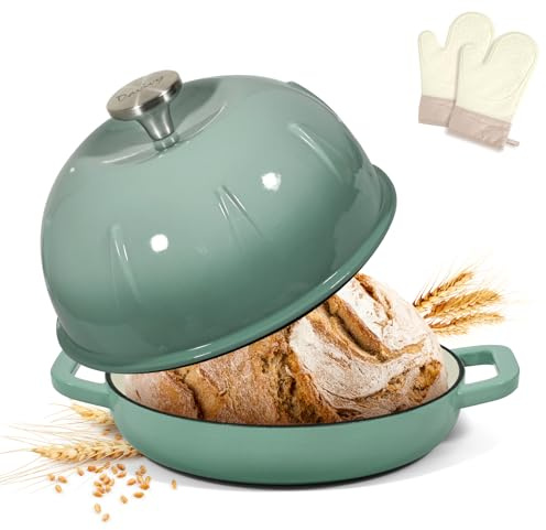 Davivy 5,35L/25cm Gusseisen-Brotbacktopf (Meersalzgrün,mit Ofenhandschuhen) | Emaillierter Gusseisen Topf Brot Backen, Dutch Oven mit gewölbtem Deckel, ideal für Sauerteigbrot und Backen