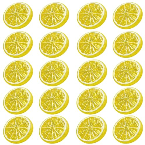 JKDHJK 20 Stück Künstliche Zitronenscheiben Deko | Lebensechte Zitronen Deko, 5,2×5,2×0,9 cm, wiederverwendbar, für Party, Tischdeko, Hochzeit, Getränke & Geburtstag