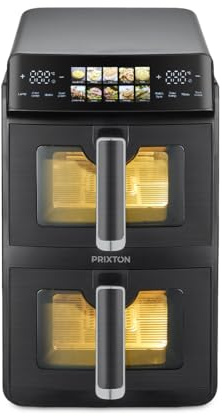 PRIXTON Friggitrice ad Aria Verticale 10L con Doppio Cestello 5L + 5L, 2600 W, Air Fryer senza Olio con 2 Cestelli Indipendenti, Display LED Touch, 10 Programmi, 80-200 °C, Finestra e Illuminazione