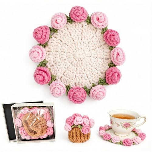 Handmade Crochet Rose Ornament, 3D Knitted Flower Home Decor | Transforms Into a Coaster, Unique Gift for Her, Mum, Tea & Coffee Lovers, Cute Cottagecore Accent for Office, Table, Shelf