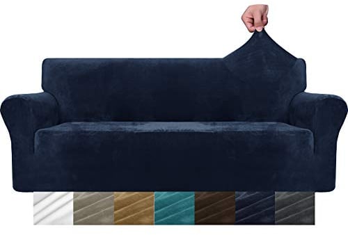 MAXIJIN Thick Velvet Sofabezüge 3-Sitzer Super Stretch rutschfeste Couchbezug für Hunde Katze Haustierfreundlich 1-teilige elastische Möbel Protector Plüsch Sofa Schonbezüge (3 Sitzer, Navy Blau)
