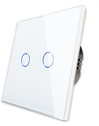 CNBINGO Interrupteur tactile, double interrupteur blanc, panneau en verre trempé avec rétroéclairage LED, pas de fil neutre nécessaire, 2 interrupteurs 1 voie, AC 240 V 500 W/gang