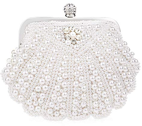 NICOLE&DORIS Imitat Perle der Frauen Bördelte Harte Fallkupplungstasche,Hochzeit Handtasche Abschlussball Beutel Geldbeutel des Dameabends Weiß