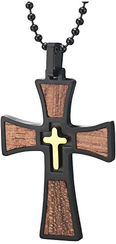 COOLSTEELANDBEYOND Herren Damen Schwarz Gold Edelstahl Holz Kreuz Anhänger mit 75CM Stahl-Kugelkette, Eingelegt Design