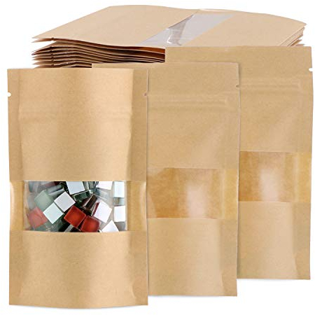 TsunNee 100PCS Kraft Paper Stand Up Food Bags, Kraft Paper Food Storage Pouches, Reusable Ziplock Seal Bags, Brown Paper Food Packing Bag with Transparent Window, 9x14cm