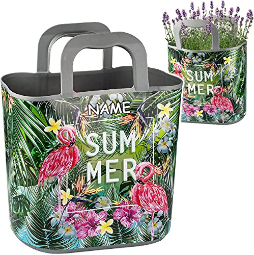 alles-meine.de GmbH 2 Stück Flexi & flexibel Modell + Farbwahl XL große - biegbare - Einkaufskörbe/Pflanztasche mit Henkel - Flamingo & Blüten - inkl. Name - Einkaufstasc..