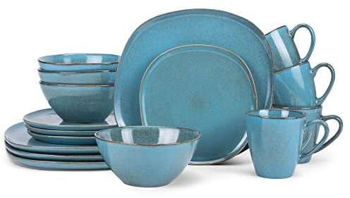 Elanze Designs 16-Piece Modern Luxury Chic Smooth Vintage Handmade Shape High Gloss Ceramic Stoneware Square Plate Mug & Bowl Kitchen Dinnerware 16 Piece Set - Service for 4, Turquoise