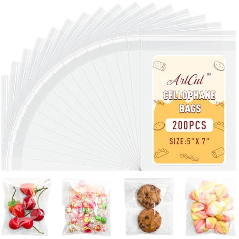 Artcut 200 PCS Cellophane Bags, 5 X 7 Cookie Bags Clear, Self-Adhesive Cellophane Bag, Treat Bag Clear Bag for Candy