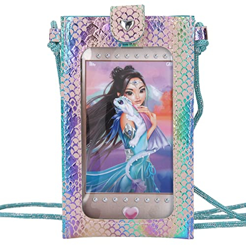 Depesche 11704 TOPModel Dragon Love - Handytasche zum Umhängen mit Holo-Effekt und Drachenhaut-Muster, Hülle für alle Handygrößen mit türkiser Kordel-Schlaufe und durchsichtigem Folien-Fenster