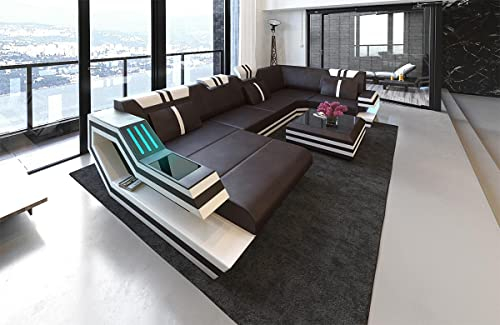 Wohnlandschaft Ravenna Sofa U Form Ledersofa - mit LED Beleuchtung, verstellbare Kopfstützen, Recamiere/Lederfarben wählbar/Ausrichtung wählbar (Ottomane Links, Braun-Weiß)