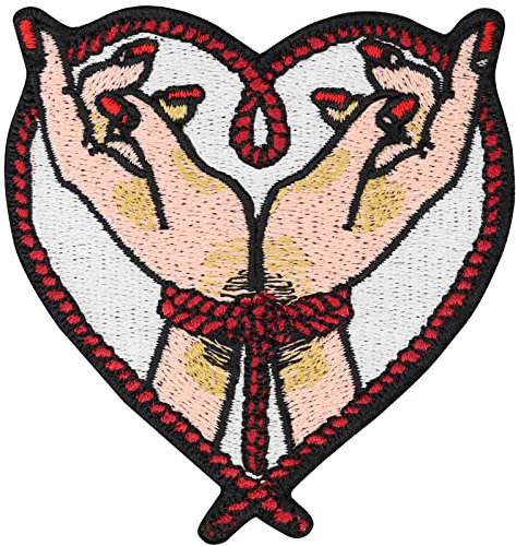 HERZ Aufnäher Applikation gestickt zum aufnähen Bindende Liebe Fessel Bondage Motiv Stickerei Shibari Hochzeits Aufbügler Herzen Aufkleber Bügelbilder - 70x75mm