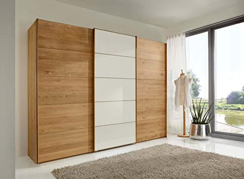 WIEMANN Kleiderschrank Kiruna, Schwebetürenschrank, Schlafzimmerschrank, mit Schiebetüren, 3-türig, Breite 250 cm, Eiche, Glas Champagner, B/H/T 250 x 217 x 67 cm