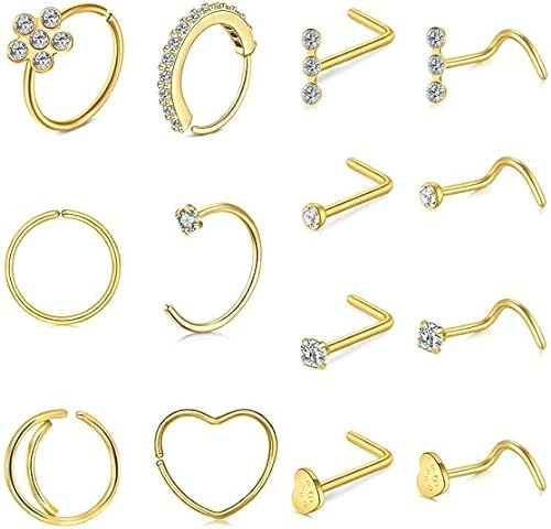 Mayhoop 20G Nasenringe Nasenstecker L-Form Nasenschraube Chirurgischer Edelstahl Nasenringe Reifen Diamant Herz Hypoallergen Nasenloch Nasenpiercing Schmuck für Damen Herren Gold