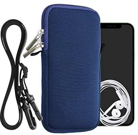 kwmobile Handytasche für Smartphones XXL - 7 - Neopren Handy Hülle Dunkelblau mit Kordel - Handy Tasche mit Handykette 17,7 x 8,5 cm Innenmaße
