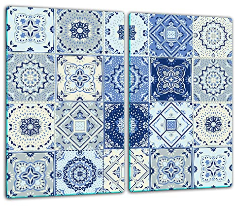 TMK | Herdabdeckplatten ceranfeld 2 Teilig 30x52 cm | Ceranfeldabdeckung Küche Elektroherd Induktion | Herdschutz Spritzschutz | Glasplatte Schneidebrett | Mosaik Blau