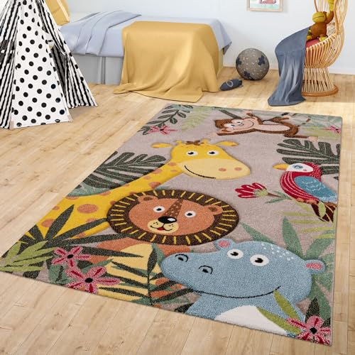 TT Home Kinderzimmer Teppich Junge Mädchen Kinderteppich Dschungel Tiere Modern, Farbe: Grün Beige Braun, Größe:120x170 cm