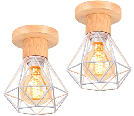 TOKIUS Deckenlampe, 16CM Vintage Deckenleuchte im Industrial Design Retro E27 Lampe aus Holz Eisen Käfig Pendelleuchte Weiß (2 Stücke)