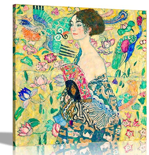 Lady With Fan by Gustav Klimt Prints Canvas Wall Art Pictures Colourful Artwork Dining Bed Living Room Quality Print 30 x 30cm (12 x 12 inches)