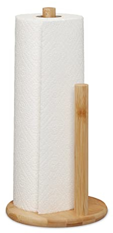 Relaxdays Küchenrollenhalter stehend, Bambus, Rollenhalter mit Abrollstopp, HxD: 28 x 14,5cm, Küchenrollenständer, Natur