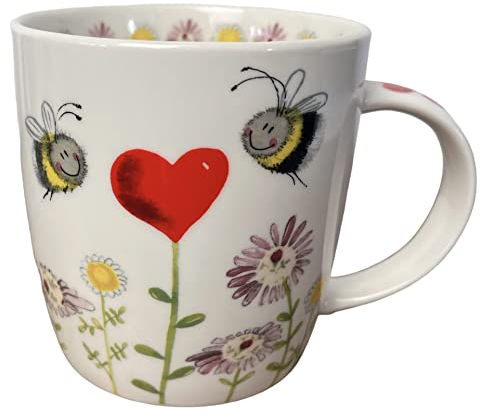 Alex Clark Bees and Heart Mug- Wildflowers - Romantic - Loving - Original Artwork - Cup for Nature Lovers - Couples Gift Ideas - Perfect for Coffee & Tea - Vegan Friendly - Designed in The UK...