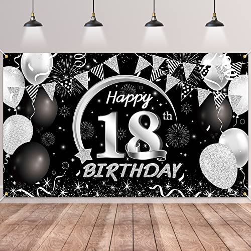 BTZO 18. Geburtstag Banner Schwarz Silver - Deko für Jungen und Mädchen, Hintergrund für Party