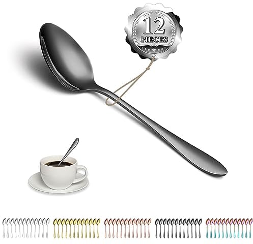 Kyraton Cucharillas postre negro 12 piezas 14cm cucharas de té de acero inoxidable Baño de negro de titanio, cuchara de postre, cuchara de café, cuchara de plata, apto para lavavajillas